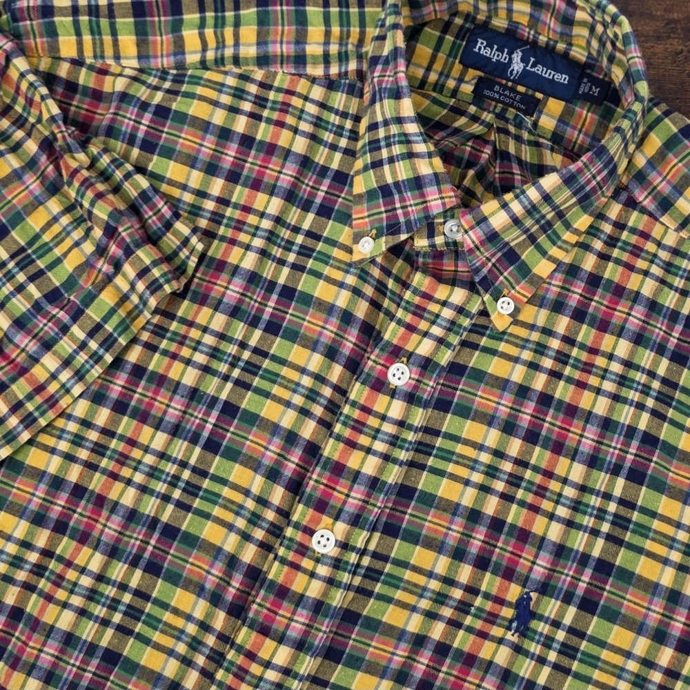 Vtg Polo Ralph Lauren Men's M Short Sleeve‎ Button Down Blake Yellow Green Plaid